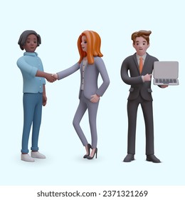 Black guy and businesswoman shake hands, man in business suit shows laptop with blank screen. Business characters in different poses, online service mockup. Vector composition
