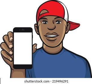 black guy in cap showing a mobile app on a smart phone