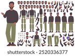 Black guy character constructor. Young man in casual clothes. Set of different body positions, arms, legs, head for animation and creating your own illustrations. DIY kit. Vector illustration in flat 