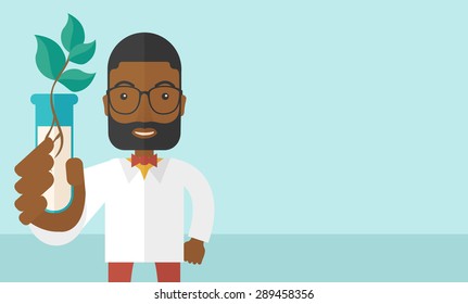 A black guy chemist holding a test tube with eco leaves. A Contemporary style with pastel palette, soft blue tinted background. Vector flat design illustration. Horizontal layout with text space in