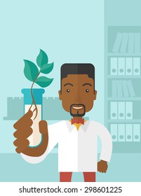 A black guy chemist holding a test tube with eco leaves. A Contemporary style with pastel palette, soft blue tinted background. Vector flat design illustration. Vertical layout with text space on top