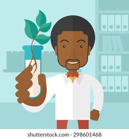 A black guy chemist holding a test tube with eco leaves. A Contemporary style with pastel palette, soft blue tinted background. Vector flat design illustration. Square layout.