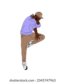 Black guy dancer hip hop, breakdance outline vector drawing isolated on white background. Cool african american boy dancing street dance in bright clothes. Korean japanese asian cartoon style