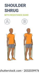 Black Guy Doing Shoulder Shrugs Home Workout Exercise with Thin Resistance Band Guidance. African American Man in Sportswear Do Fitness Shoulder Exercise with Rubber Elastic Loop Equipment.