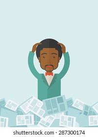 A black guy employee has a lot to do work with those papers around him and having a problem on how to meet the deadline of his report. Disappointment Concept. A contemporary style with pastel palette