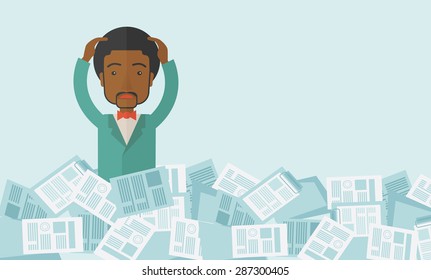 A black guy employee has a lot to do work with those papers around him and having a problem on how to meet the deadline of his report. Disappointment Concept. A contemporary style with pastel palette