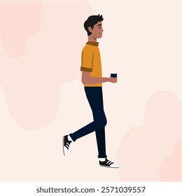 A Black Guy Flat Character Standing Side View Holding A Coffee Cup