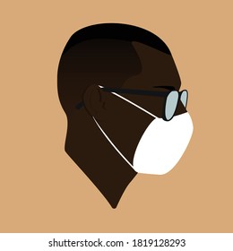 Black guy with glasses. Male head in glasses and in the mask. Man head silhouette. Man Flat colored illustration. 