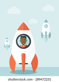 A black guy is happy inside the rocket it is a metaphor for starting a business, new beginning. On-line start up business concept.  A Contemporary style with pastel palette, soft blue tinted