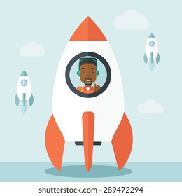 A black guy is happy inside the rocket it is a metaphor for starting a business, new beginning. On-line start up business concept.  A Contemporary style with pastel palette, soft blue tinted