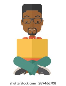 A black guy having a great idea while reading a book. Business concept. A Contemporary style. Vector flat design illustration isolated white background. Vertical layout