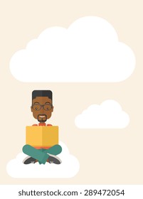Un negro que tiene una gran idea mientras lee un libro. Concepto de negocio. Un estilo contemporáneo con una paleta pastel y un fondo beige suave. Ilustración de diseño plana vectorial. Diseño vertical con