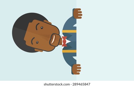 A black guy holding a white board. A Contemporary style with pastel palette, soft blue tinted background. Vector flat design illustration. Horizontal layout with text space in right side.
