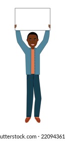 A black guy holding white placard with copy space for text, an advertising announcement banner for text and other information.
