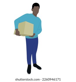 El negro sostiene una caja grande con dos manos bajo su brazo, vector plano, aíslar en blanco, ilustración sin rostro, entrega, movimiento