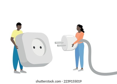A black guy with a huge socket and a black girl with a big plug in his hands, flat vector, isolated on white, compatibility, faceless illustration, saving energy