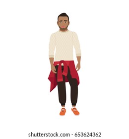 Black guy with a knitted sweater on his hips isolated vector illustration on white background