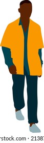 A black guy in an orange shirt and blue jeans goes full length