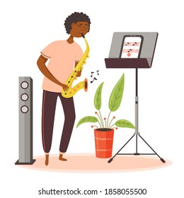 Black guy playing saxophone. Home Online learning music by tablet. Vector flat illustration