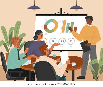 El negro presenta gráficos financieros para su equipo de negocios y colega. Ilustración vectorial de concepto de reunión de negocios. Informe del proyecto, conferencia institucional, seminario de capacitación y presentación