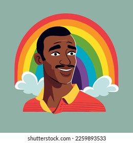 Black guy with a rainbow in the background. Cartoon african man illustration.