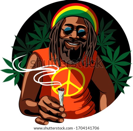 A black guy, a rastaman, with a beard, in round glasses and a colored hat, smokes marijuana. Kanabis Joint. Vector graphics. For a poster.