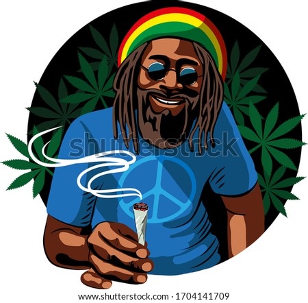 A black guy, a rastaman, with a beard, in round glasses, a colored hat and a blue T-shirt, smokes marijuana. Kanabis joint. Vector graphics.