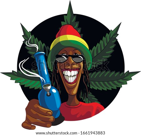 Black guy, rastaman, With dreadlocks, glasses and a color beret, holds a bong in his hand. Canabis leaf on the background. Template for card, poster, banner, print for t-shirts, badge.