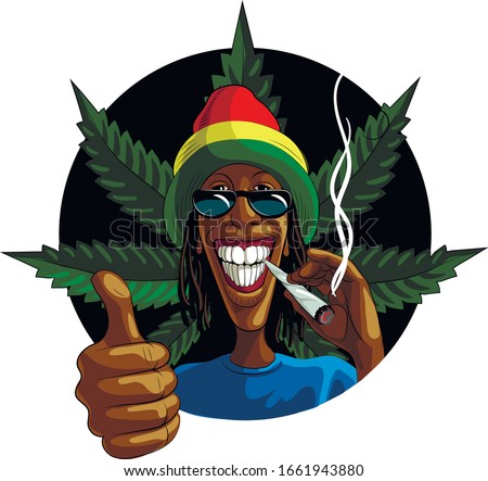 Black guy, rastaman, smokes cant marijuana. Cannabis leaves. Vector isolated. Template for card, poster, banner, print for t-shirts, badge.