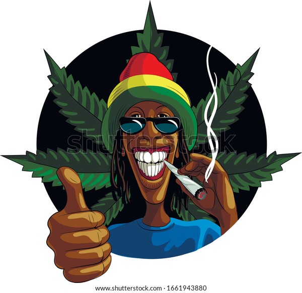 Black guy, rastaman, smokes cant marijuana.\
Cannabis leaves. Vector isolated. Template for card, poster,\
banner, print for t-shirts,\
badge.