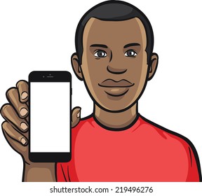 black guy showing a mobile app on a smart phone