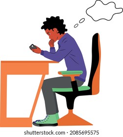 Black Guy Sits At A Desk And Looks At The Phone. Vector Flat Illustration. 