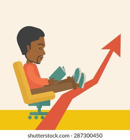 A Black guy sitting, relaxing in increasing business. Progress business concept. A Contemporary style with pastel palette, soft beige tinted background. Vector flat design illustration. Square layout.