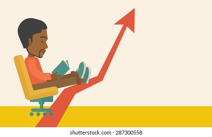 A Black guy sitting, relaxing in increasing business. Progress business concept. A Contemporary style with pastel palette, soft beige tinted background. Vector flat design illustration. Horizontal