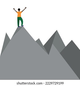 A black guy stands on top of a mountain, with her back to us, raising her hands up, a flat vector, isolate on white