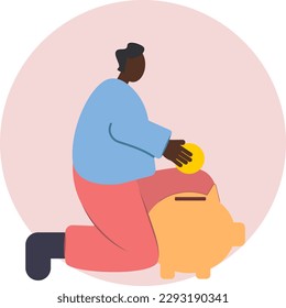 
A black guy throws a coin into a piggy bank. Economy and finance. Vector illustration for banks, banners, posters. Financially literate black guy.