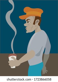 Un negro con una gorra vintage tomando un café solo. Ilustración vectorial