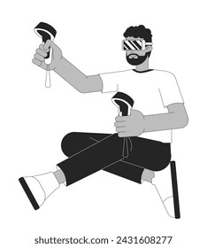 Black guy VR gamer black and white 2D line cartoon character. African american man with vr glasses and controllers isolated vector outline person. Video games monochromatic flat spot illustration