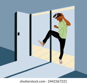Black guy in VR glasses enters the futuristic room