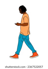 Hombre negro caminando al lado, sosteniendo un teléfono inteligente. Hombre afroamericano moderno vestido con un traje informal y elegante con pelo afro. Ilustración del contorno vectorial aislada en fondo blanco.