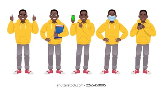 Black guy is wearing glasses with textbooks, with a mobile phone in his hand, wearing a protective mask, rejoicing. A black man in a yellow jacket and gray pants is standing in different poses.