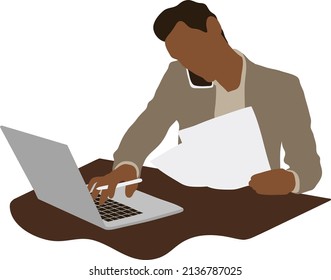 Black guy working on a laptop and making phone calls