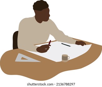 Un hombre negro en el lugar de trabajo en la mesa dibuja con una regla en papel