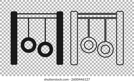 Black Gymnastic rings icon isolated on transparent background. Playground equipment with hanging rope with rings.  Vector