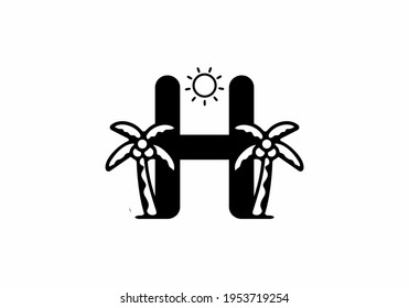 Black of H initial letter with coconut tree and sun design