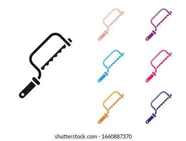 Black Hacksaw icon isolated on white background. Metal saw for wood and metal. Set icons colorful. Vector Illustration