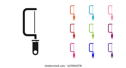 Black Hacksaw icon isolated on white background. Metal saw for wood and metal. Set icons colorful. Vector Illustration