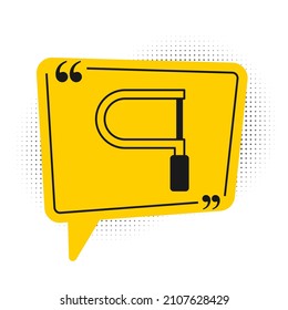 Black Hacksaw icon isolated on white background. Metal saw for wood and metal. Yellow speech bubble symbol. Vector