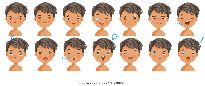 Black hair boy facial emotions set. Child face with different expressions.  Variety of emotions children. Male heads show a variety of moods and differences. Schoolboy portrait avatars. vector.