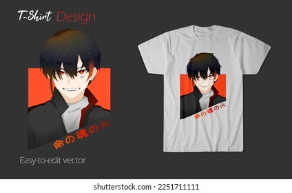 Black hair boy t-shirt design, cool and modern style, Japanese text on t-shirt meaning Inochi no tamashīnohi or soul fire of life. Anime style illustration for t-shirts, posters and stickers